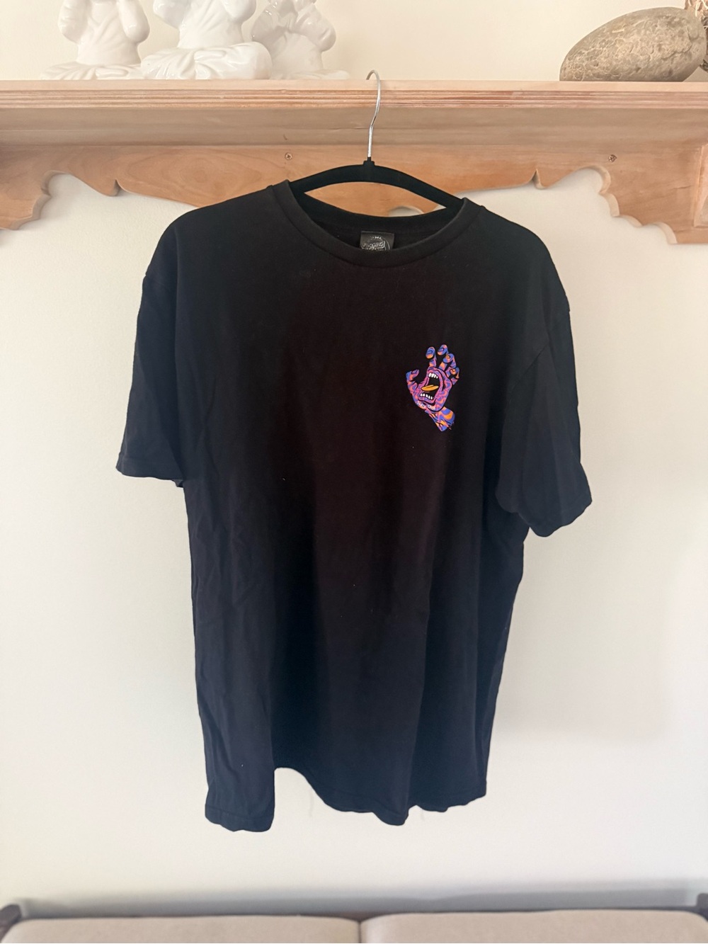 Santa Cruz Skateboards Black Tee with Purple Pink Orange Hand Graphic